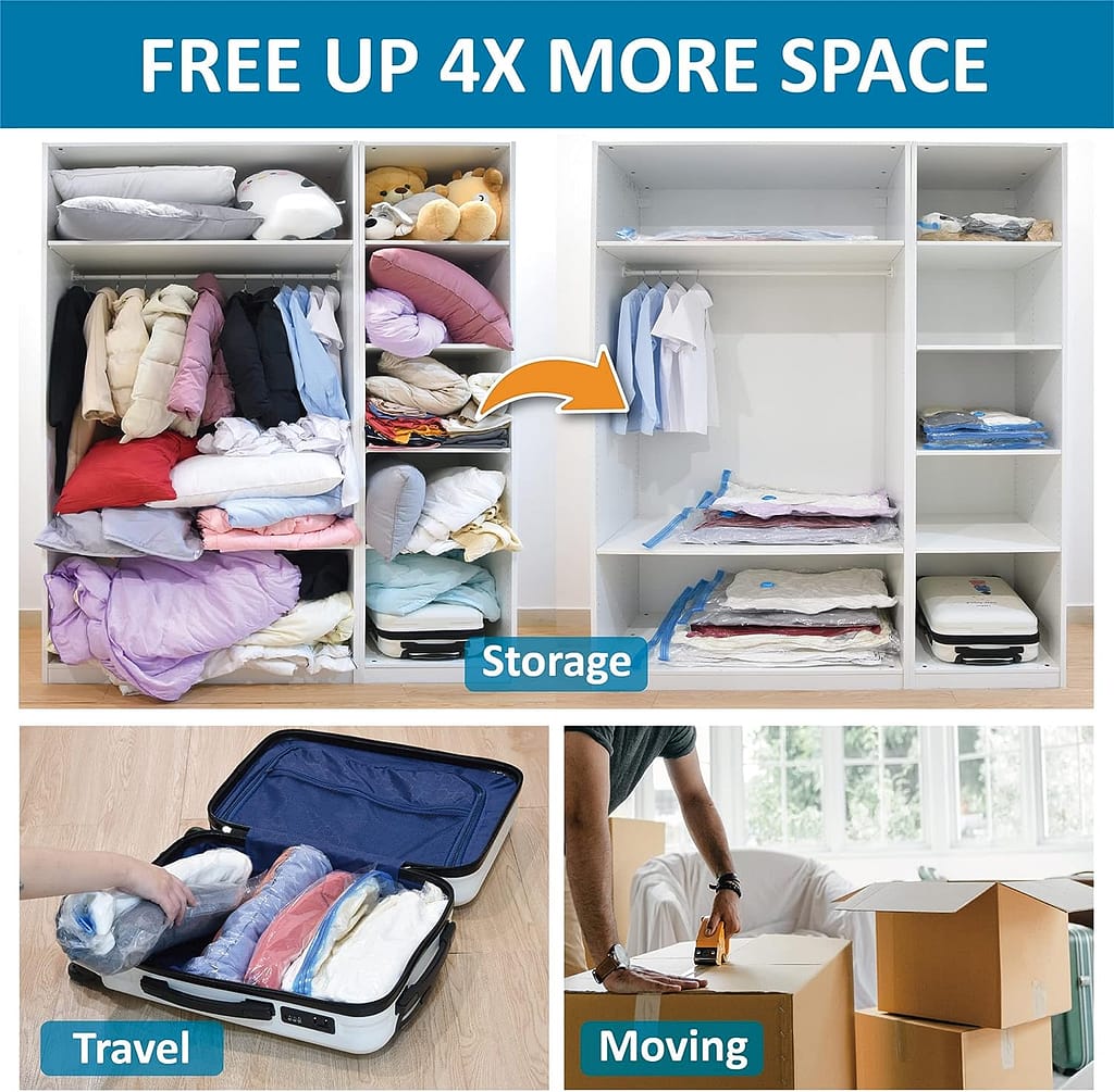 20 Pack Vacuum Storage Bags, Space Saver Bags (4 Jumbo/4 Large/4 Medium/4 Small/4 Roll) Compression Storage Bags for Comforters and Blankets, Vacuum Sealer Bags for Clothes Storage, Hand Pump Included