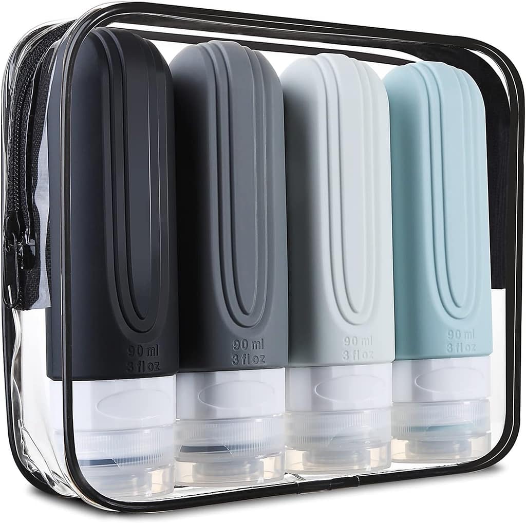 Mrsdry Travel Bottles for Toiletries, Tsa Approved 3oz Travel Size Containers BPA Free Leak Proof Refillable Liquid Silicone Squeezable Travel Accessories for Shampoo Conditioner Lotion (4 Pack)