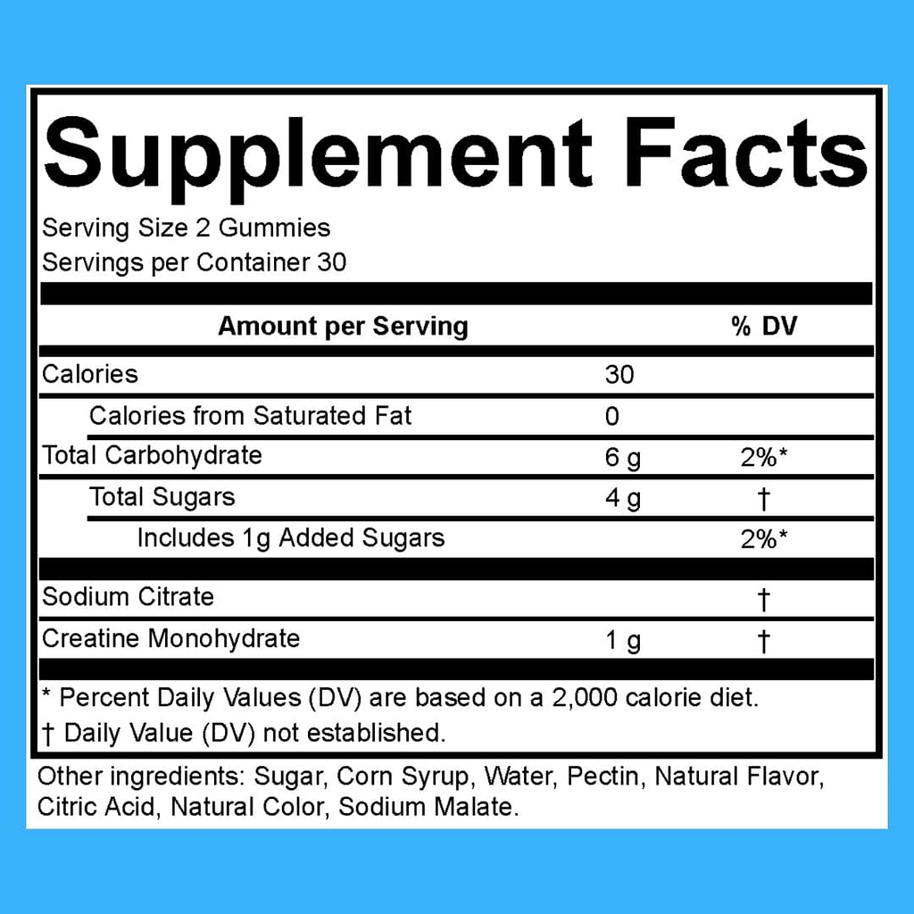Bizi CREATINE Gummies for Men Women - 1000mg of Creatine Monohydrate per Serving - Blue Raspberry Flavor - Workout, Muscle Growth, and Recovery Supplement- Vegan Gluten Free (60 ct) : Health Household