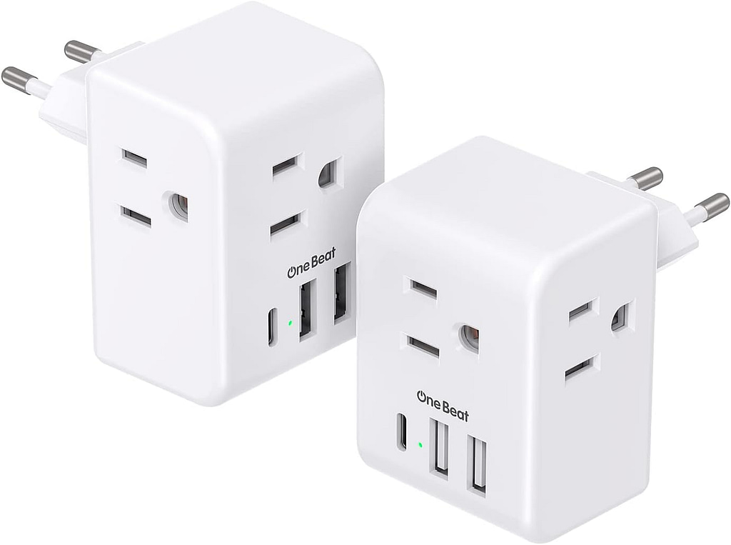 2 Pack European Travel Plug Adapter, International Power Adapter with 3 Outlets USB Charging Ports(1 C), Type C Essentials to Most Europe EU Spain Italy France Germany