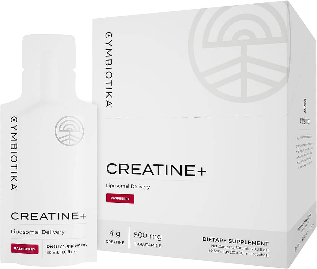CYMBIOTIKA Creatine+, Creatine and Glutamine Supplement for Amino Energy, Recovery, Muscle Mass  Brain Support, Liposomal Delivery, Gluten Free  Vegan, Raspberry Flavor - 30ml Pouches (Pack of 20)