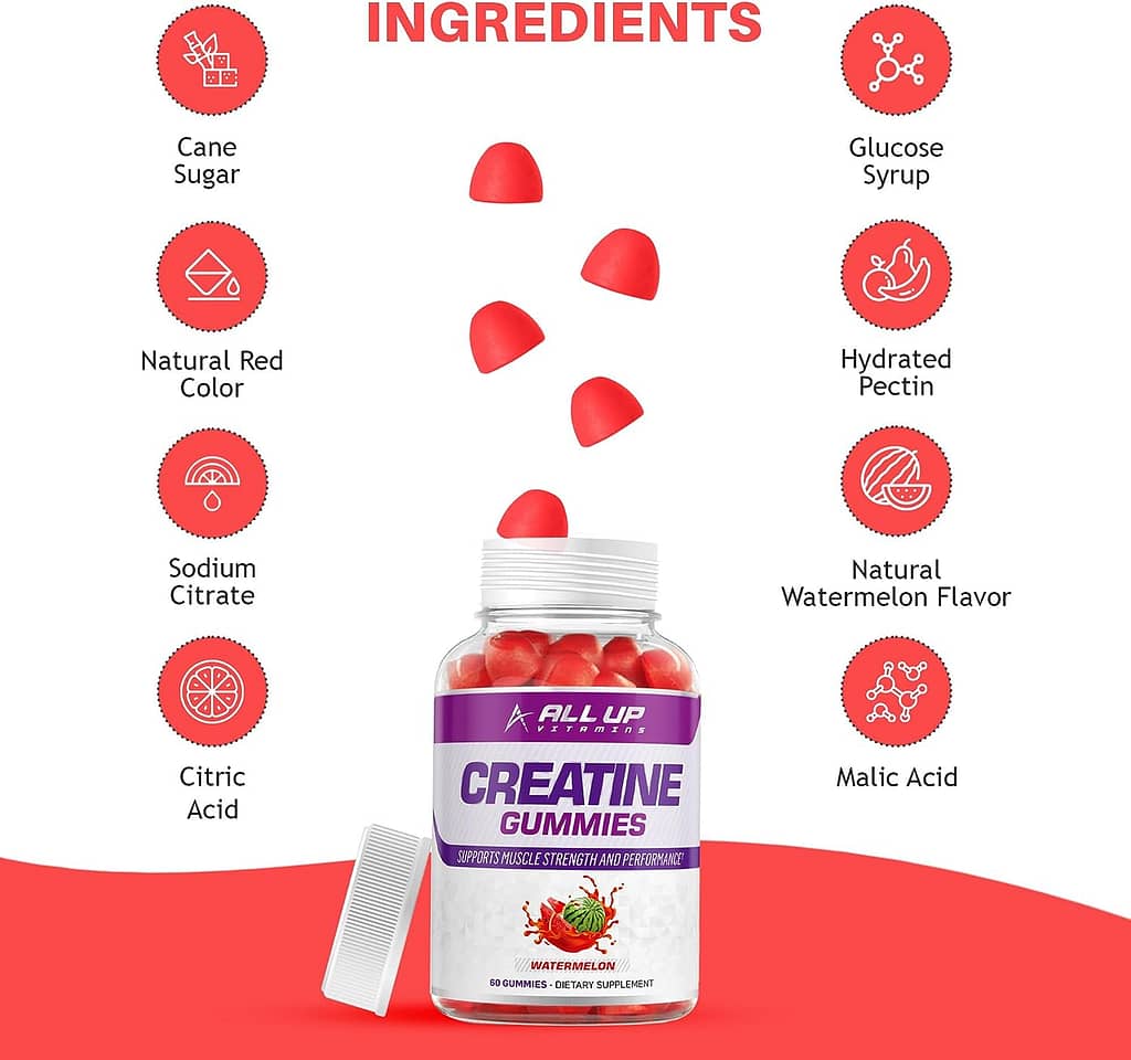 All Up Vitamins Creatine Monohydrate Gummies - Watermelon Flavor Vegan Friendly - Performance Boosting Chews with Vitamin B12 for Muscle Strength - Enhance Energy Support Muscle Growth (60 Count)