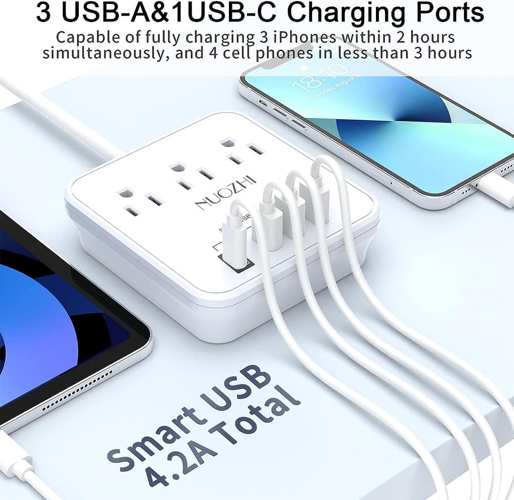 Cruise Essentials,6 Ft Power Strip with 3 Outlets and 4 USB Ports(1 USB C), Non Surge Protector for Cruise Ship, Travel, Home Office, ETL Listed, White