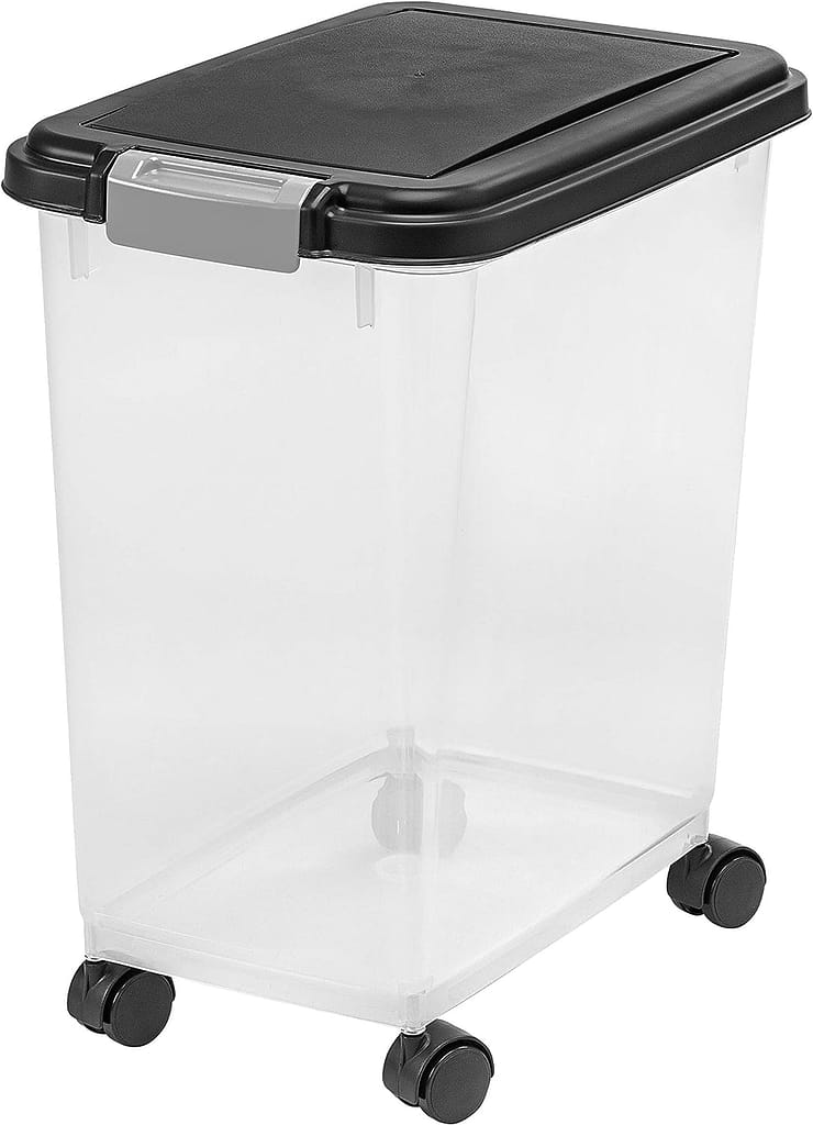 IRIS USA 25 Lbs / 33 Qt WeatherPro Airtight Pet Food Storage Container with Attachable Casters, For Dog Cat Bird and Other Pet Food Storage Bin, Keep Fresh, Translucent Body, Easy Mobility, Black