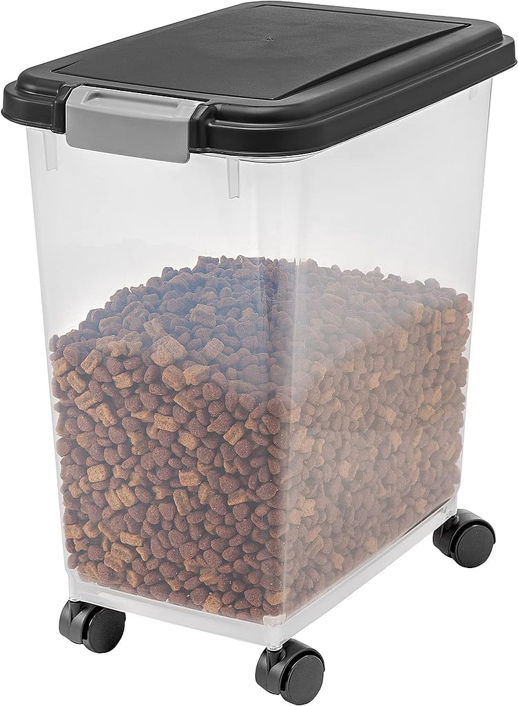 IRIS USA 25 Lbs / 33 Qt WeatherPro Airtight Pet Food Storage Container with Attachable Casters, For Dog Cat Bird and Other Pet Food Storage Bin, Keep Fresh, Translucent Body, Easy Mobility, Black