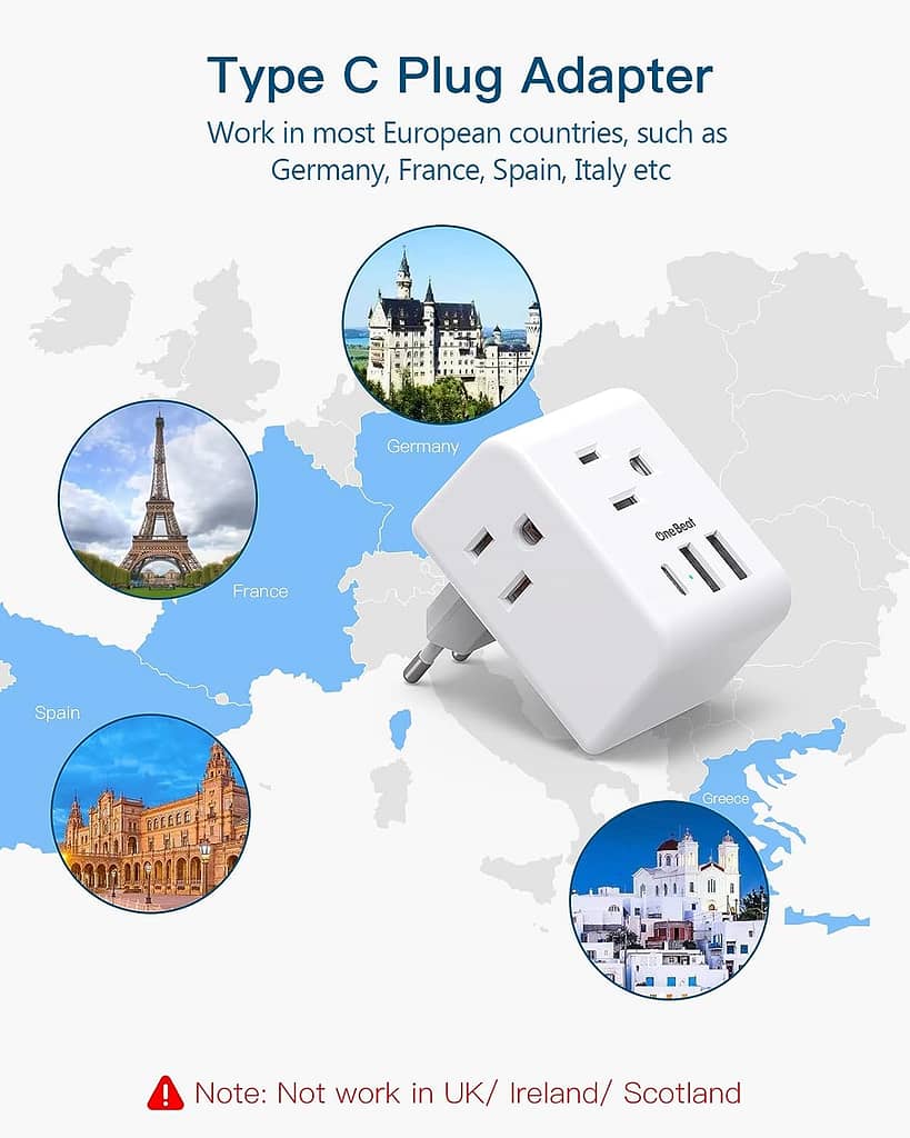 2 Pack European Travel Plug Adapter, International Power Adapter with 3 Outlets USB Charging Ports(1 C), Type C Essentials to Most Europe EU Spain Italy France Germany