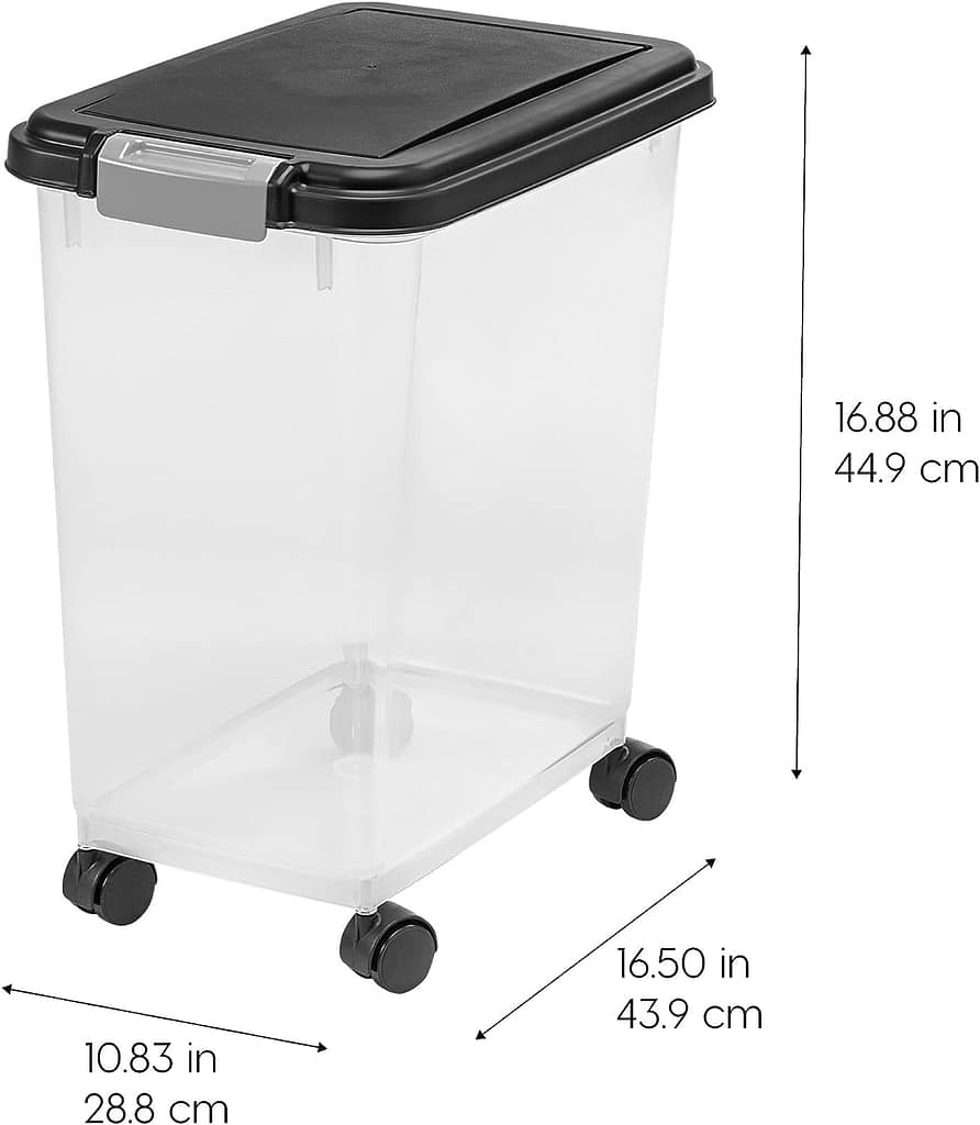 IRIS USA 25 Lbs / 33 Qt WeatherPro Airtight Pet Food Storage Container with Attachable Casters, For Dog Cat Bird and Other Pet Food Storage Bin, Keep Fresh, Translucent Body, Easy Mobility, Black