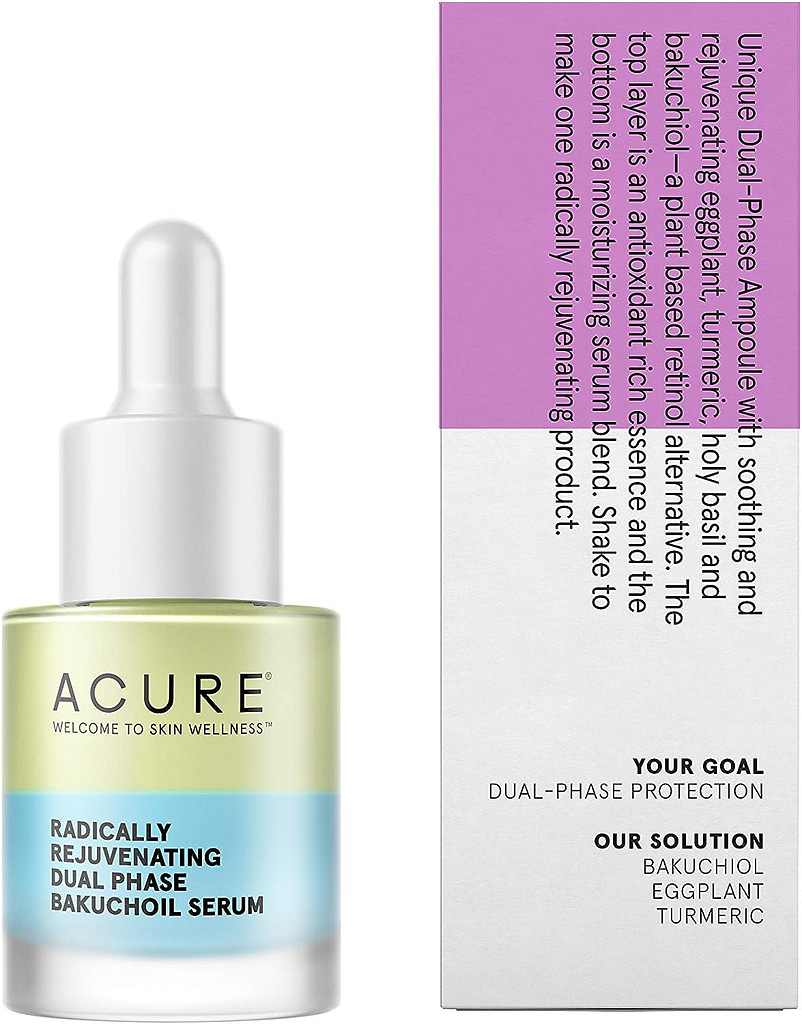 Acure Radically Rejuvenating Dual Phase Bakuchiol Serum, 100% Vegan, Provides Anti-Aging Support, Eggplant Tumeric, Soothes, Hydrates Antioxidant Rich (0.67 Fl Oz)