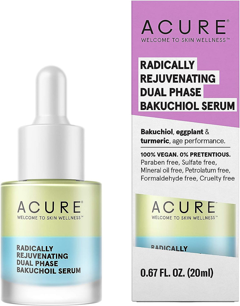 Acure Radically Rejuvenating Dual Phase Bakuchiol Serum, 100% Vegan, Provides Anti-Aging Support, Eggplant Tumeric, Soothes, Hydrates Antioxidant Rich (0.67 Fl Oz)